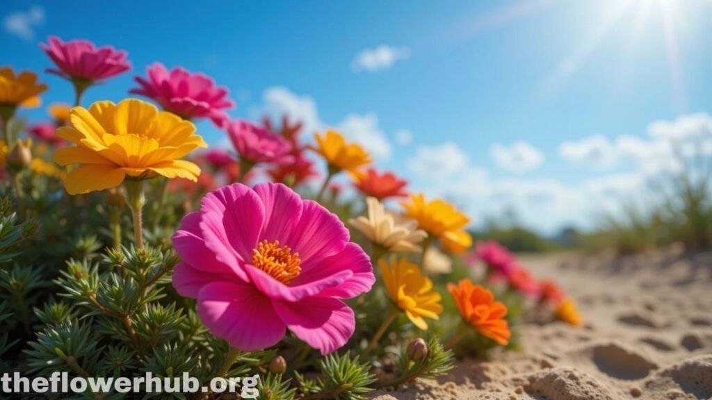 7 Amazing Facts About Moss Rose That Every Gardener Should Know 1 Colorful moss rose (Portulaca grandiflora) flowers blooming in sandy soil under bright sunlight with a clear blue sky in the background.