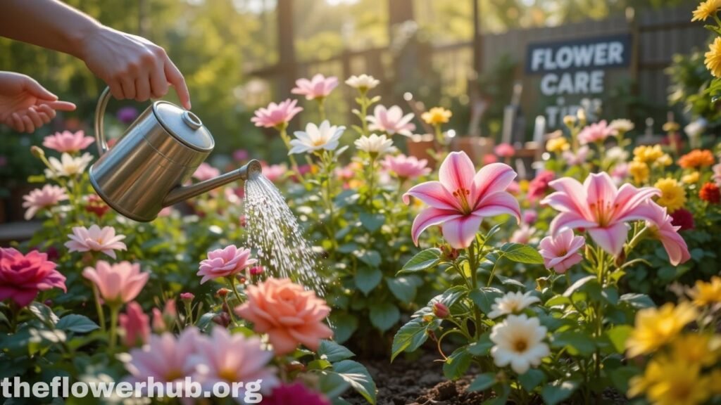7 Amazing Facts About Moss Rose That Every Gardener Should Know 2 Person watering a colorful garden with blooming lilies, roses, and daisies using a metal watering can, with a 'Flower Care Tips' sign in the background.