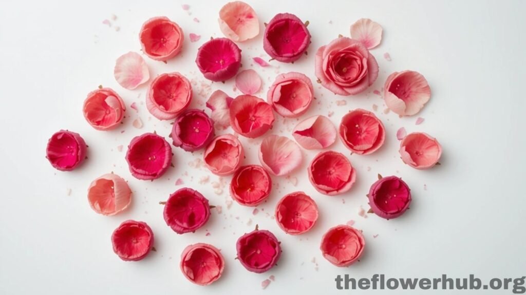 7 Amazing Benefits of Rose Petals You Didn't Know 1 Scattered fresh rose petals on a white background with soft natural lighting, captured from a top-down view.
