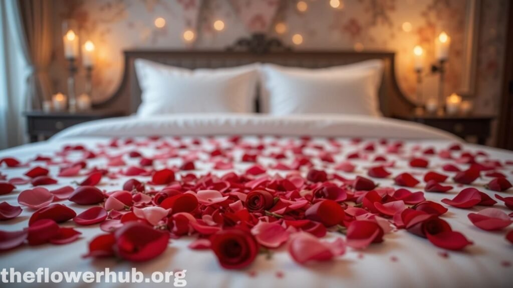 7 Amazing Benefits of Rose Petals You Didn't Know 2 Rose petals scattered on a bed with warm lighting and candles, creating a romantic and intimate setting.